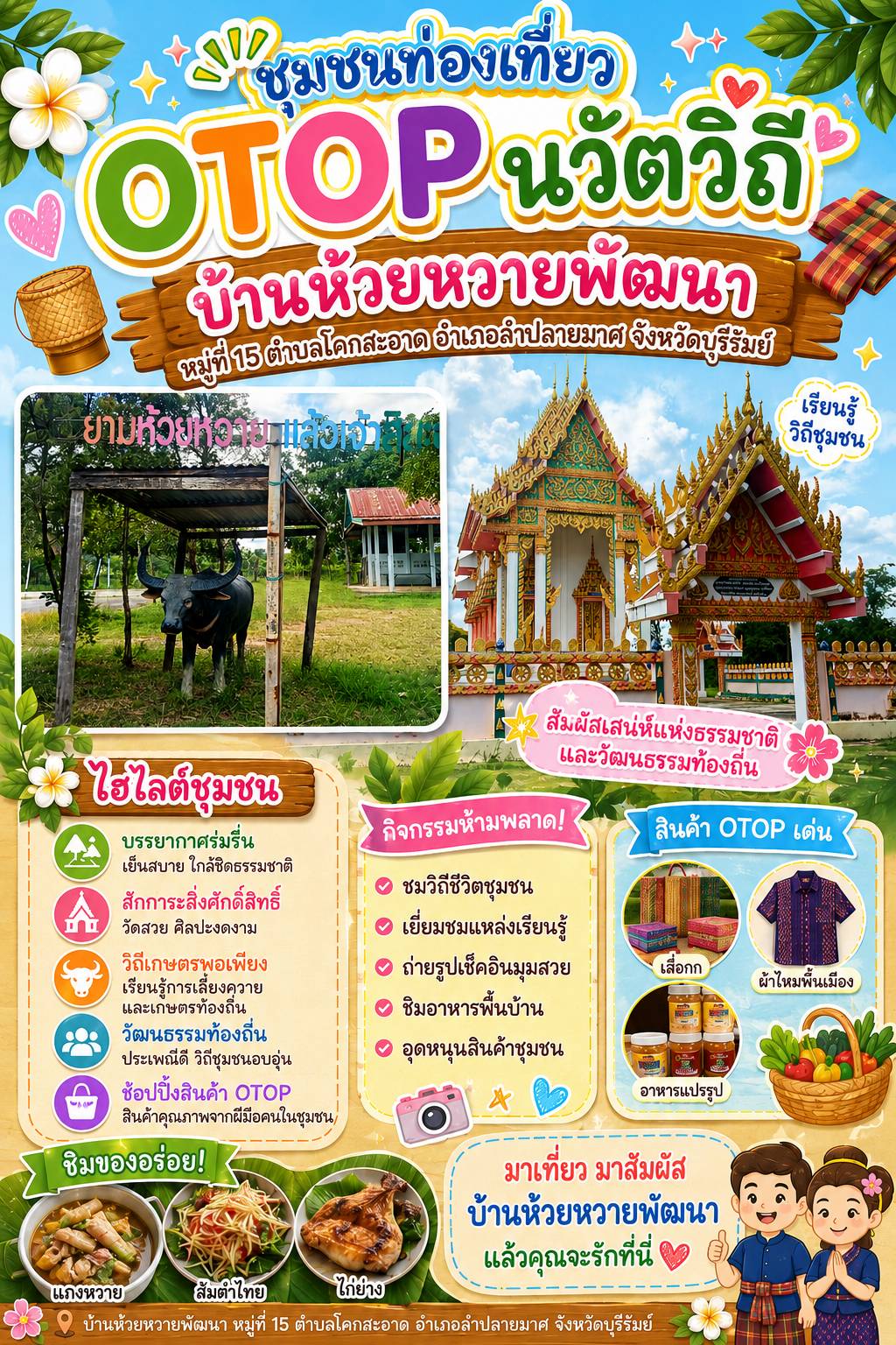 CDD LAMPLAIMAT : GROWTH TEAM LAMPLAIMAT BURIRAM 📣พช.ลำปลายมาศ ดำเนินการจัดทำสื่อประชาสัมพันธ์ ชุมชนท่องเที่ยว OTOP นวัตวิถี  บ้านห้วยหวายพัฒนา หมู่ที่ 15 ตำบลโคกสะอาด อำเภอลำปลายมาศ จังหวัดบุรีรัมย์